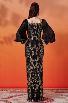 Glitzer Schwarz Golden Etui Puff Ärmel Lange Mutter der Braut Kleid mit Pailletten