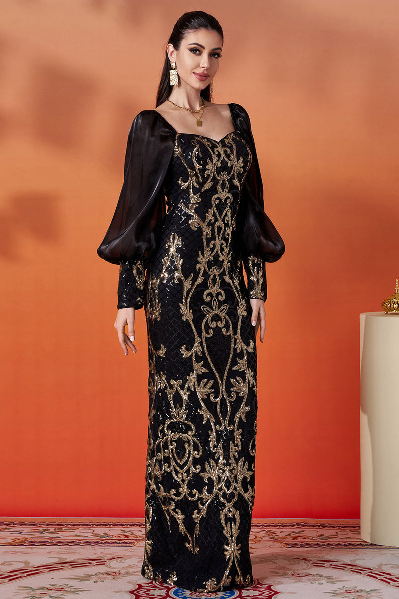 Laden Sie das Bild in den Galerie-Viewer, Glitzer Schwarz Golden Etui Puff Ärmel Lange Mutter der Braut Kleid mit Pailletten