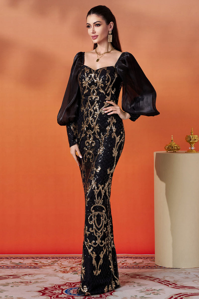 Laden Sie das Bild in den Galerie-Viewer, Glitzer Schwarz Golden Etui Puff Ärmel Lange Mutter der Braut Kleid mit Pailletten