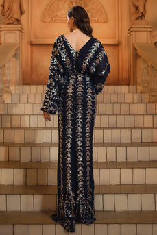 Glitzer Marineblau Sheath V-Ausschnitt Pailletten Lange Ärmel Mutter der Braut Kleid