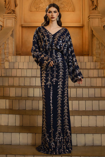 Glitzer Marineblau Sheath V-Ausschnitt Pailletten Lange Ärmel Mutter der Braut Kleid