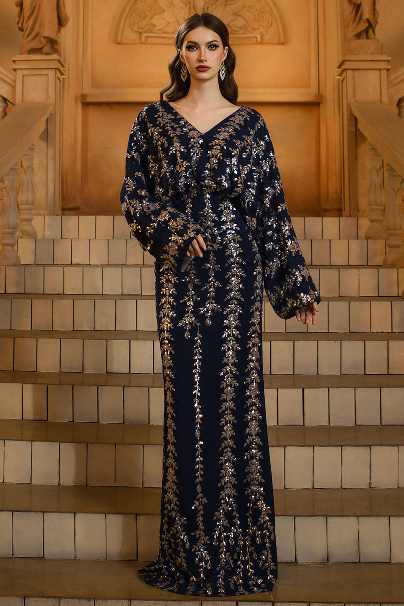 Laden Sie das Bild in den Galerie-Viewer, Glitzer Marineblau Sheath V-Ausschnitt Pailletten Lange Ärmel Mutter der Braut Kleid