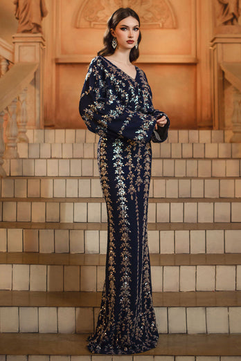 Glitzer Marineblau Sheath V-Ausschnitt Pailletten Lange Ärmel Mutter der Braut Kleid