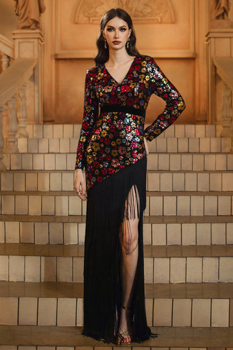 Glitzer Blumen Schwarz Sheath V-Ausschnitt Lange Ärmel Mutter der Braut Kleid mit Fransen