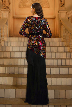 Glitzer Blumen Schwarz Sheath V-Ausschnitt Lange Ärmel Mutter der Braut Kleid mit Fransen
