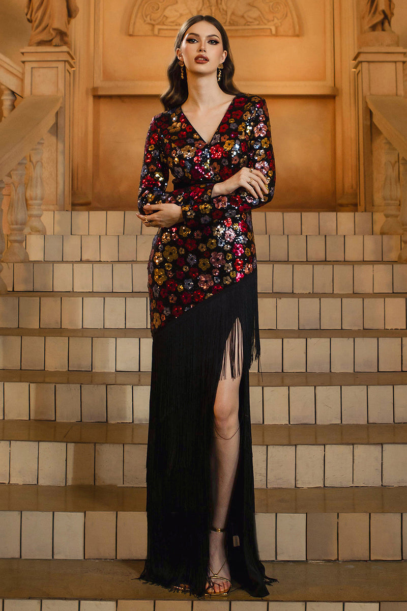 Laden Sie das Bild in den Galerie-Viewer, Glitzer Blumen Schwarz Sheath V-Ausschnitt Lange Ärmel Mutter der Braut Kleid mit Fransen