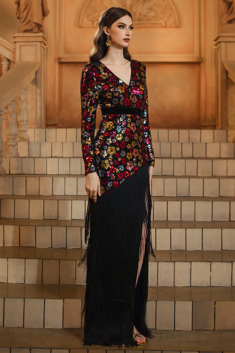 Laden Sie das Bild in den Galerie-Viewer, Glitzer Blumen Schwarz Sheath V-Ausschnitt Lange Ärmel Mutter der Braut Kleid mit Fransen