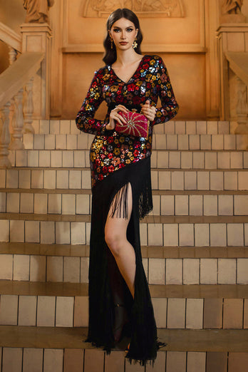 Glitzer Blumen Schwarz Sheath V-Ausschnitt Lange Ärmel Mutter der Braut Kleid mit Fransen