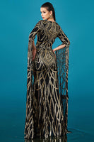 Laden Sie das Bild in den Galerie-Viewer, Glitzer Schwarz Golden Meerjungfrau U-Boot-Ausschnitt Lange Ärmel Mutter der Braut Kleid mit Cape