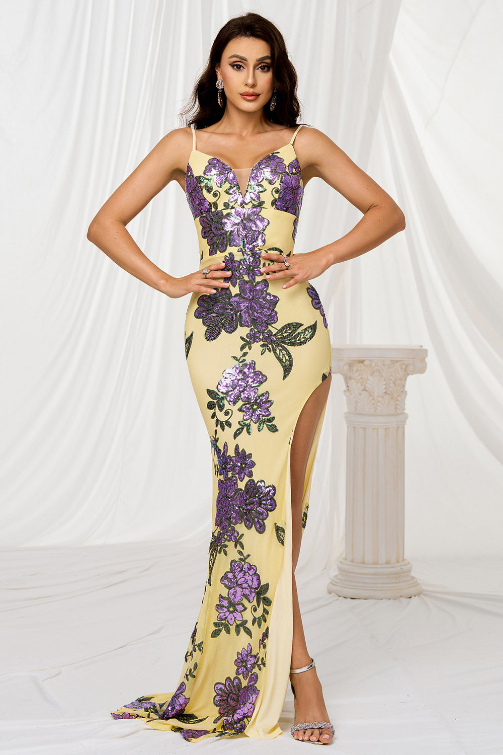 Glitzer Gelb Blumen Meerjungfrau Lange Ballkleid mit Schlitz