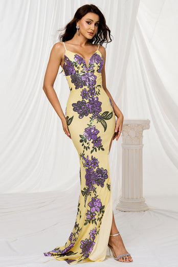 Glitzer Gelb Blumen Meerjungfrau Lange Ballkleid mit Schlitz