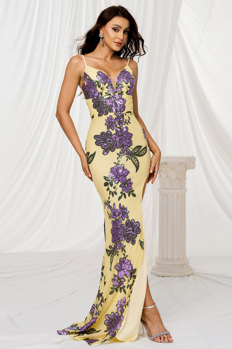Laden Sie das Bild in den Galerie-Viewer, Glitzer Gelb Blumen Meerjungfrau Lange Ballkleid mit Schlitz