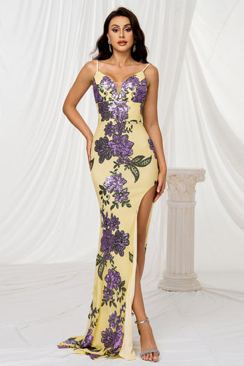 Glitzer Gelb Blumen Meerjungfrau Lange Ballkleid mit Schlitz