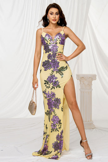 Glitzer Gelb Blumen Meerjungfrau Lange Ballkleid mit Schlitz