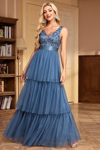 Grau Blau A Linie V-Ausschnitt KrawatteRot Lange Ballkleid