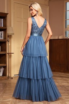 Grau Blau A Linie V-Ausschnitt KrawatteRot Lange Ballkleid