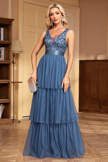 Grau Blau A Linie V-Ausschnitt KrawatteRot Lange Ballkleid