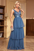 Laden Sie das Bild in den Galerie-Viewer, Grau Blau A Linie V-Ausschnitt KrawatteRot Lange Ballkleid