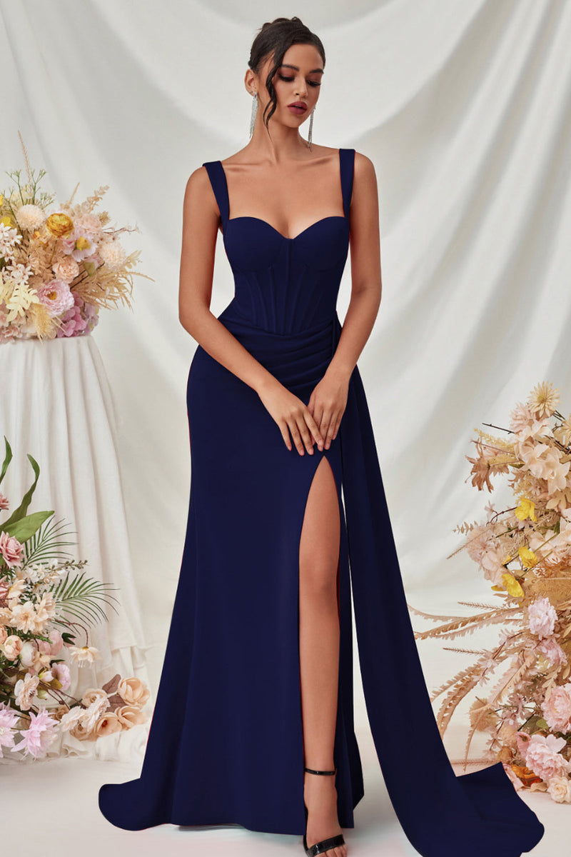 Laden Sie das Bild in den Galerie-Viewer, Einfaches Schwarz Meerjungfrau Lange Ballkleid mit Seitlichem Cape