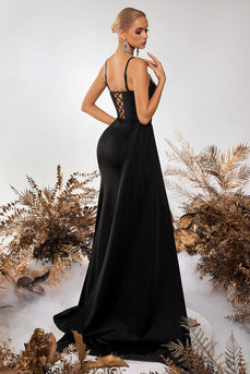 Glitzer Schwarz Spaghettiträger Meerjungfrau Lange Ballkleid mit Seitlichem Cape