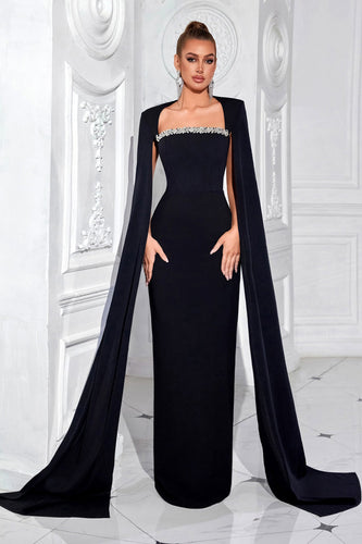 Glitzer Schwarz Etui Lange Ballkleid mit Cape