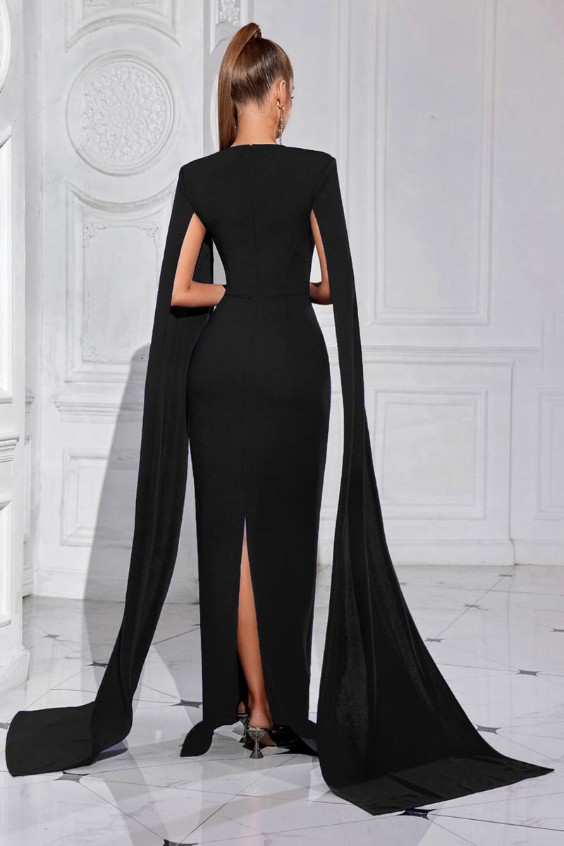 Laden Sie das Bild in den Galerie-Viewer, Glitzer Schwarz Etui Lange Ballkleid mit Cape