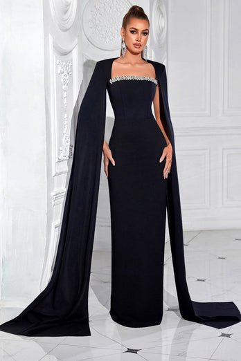 Glitzer Schwarz Etui Lange Ballkleid mit Cape