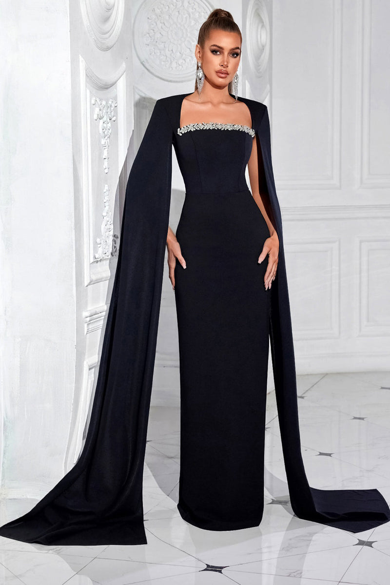 Laden Sie das Bild in den Galerie-Viewer, Glitzer Schwarz Etui Lange Ballkleid mit Cape