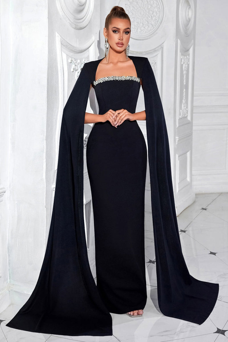Laden Sie das Bild in den Galerie-Viewer, Glitzer Schwarz Etui Lange Ballkleid mit Cape