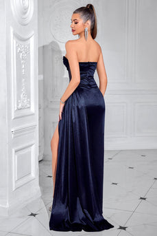 Marineblau Korsett Trägerlos Meerjungfrau Lange Ballkleid mit Schlitz