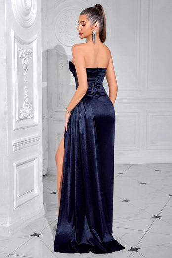 Marineblau Korsett Trägerlos Meerjungfrau Lange Ballkleid mit Schlitz