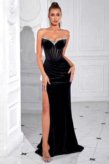 Glitzer Schwarz Meerjungfrau Korsett Lange Ballkleid mit Schlitz