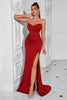 Laden Sie das Bild in den Galerie-Viewer, Einfaches Rot Korsett Meerjungfrau Trägerlos Lange Ballkleid mit Schlitz