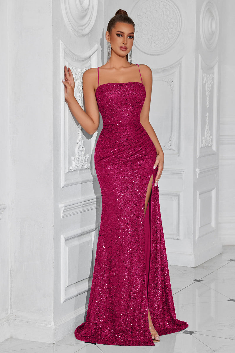 Laden Sie das Bild in den Galerie-Viewer, Glitzer Golden Pailletten Spaghettiträger Lange Ballkleid mit Schlitz