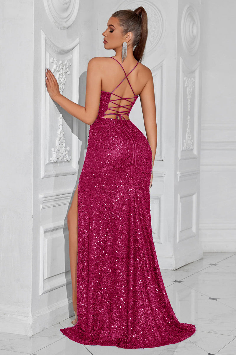 Laden Sie das Bild in den Galerie-Viewer, Glitzer Golden Pailletten Spaghettiträger Lange Ballkleid mit Schlitz
