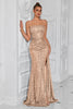 Laden Sie das Bild in den Galerie-Viewer, Glitzer Golden Pailletten Spaghettiträger Lange Ballkleid mit Schlitz