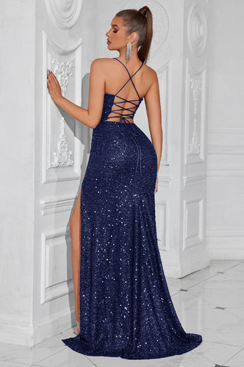 Glitzer Golden Pailletten Spaghettiträger Lange Ballkleid mit Schlitz