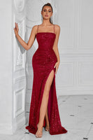 Laden Sie das Bild in den Galerie-Viewer, Glitzer Golden Pailletten Spaghettiträger Lange Ballkleid mit Schlitz