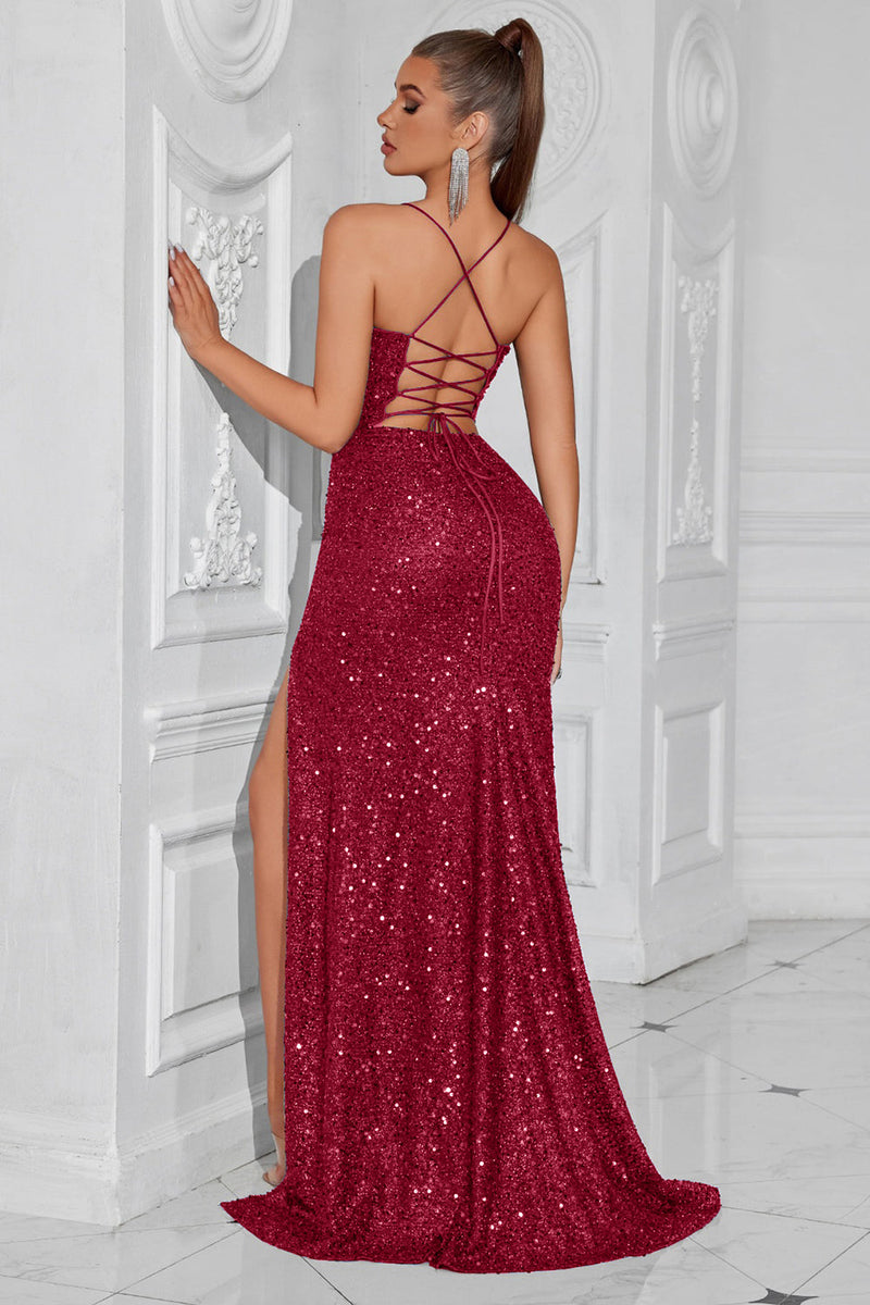Laden Sie das Bild in den Galerie-Viewer, Glitzer Golden Pailletten Spaghettiträger Lange Ballkleid mit Schlitz