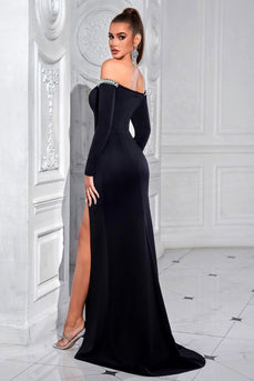Glitzer Schwarz Schulterfreie Lange Ärmel Ballkleid mit Schlitz