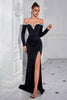 Laden Sie das Bild in den Galerie-Viewer, Glitzer Schwarz Schulterfreie Lange Ärmel Ballkleid mit Schlitz