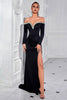 Laden Sie das Bild in den Galerie-Viewer, Glitzer Schwarz Schulterfreie Lange Ärmel Ballkleid mit Schlitz