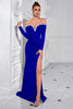 Laden Sie das Bild in den Galerie-Viewer, Glitzer Schwarz Schulterfreie Lange Ärmel Ballkleid mit Schlitz