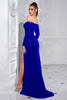 Laden Sie das Bild in den Galerie-Viewer, Glitzer Schwarz Schulterfreie Lange Ärmel Ballkleid mit Schlitz