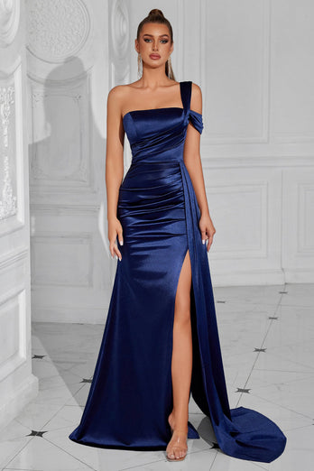Marineblau Eine Schulter Meerjungfrau Lange Ballkleid mit Seitlichem Cape