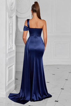 Marineblau Eine Schulter Meerjungfrau Lange Ballkleid mit Seitlichem Cape