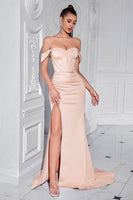 Laden Sie das Bild in den Galerie-Viewer, Rosa Meerjungfrau Korsett Schulterfreie Lange Ballkleid mit Schlitz