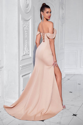 Rosa Meerjungfrau Korsett Schulterfreie Lange Ballkleid mit Schlitz