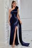 Laden Sie das Bild in den Galerie-Viewer, Marineblau Eine Schulter Meerjungfrau Geraffte Lange Ballkleid mit 3D Blume