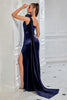 Laden Sie das Bild in den Galerie-Viewer, Marineblau Eine Schulter Meerjungfrau Geraffte Lange Ballkleid mit 3D Blume